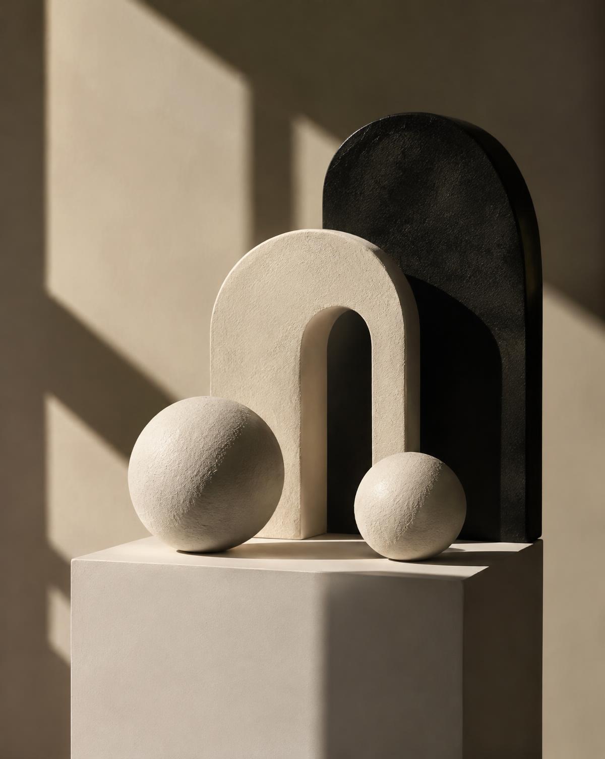 Sculptures minimalistes en plâtre et pierre noire dans la lumière