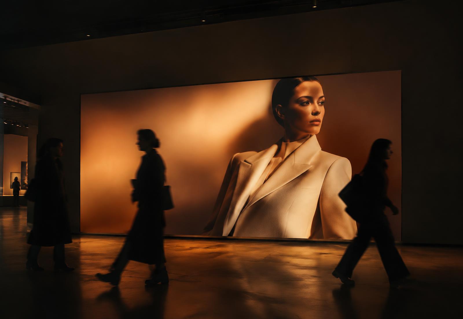 Grande affiche de campagne de mode dans une galerie sombre, passants en mouvement