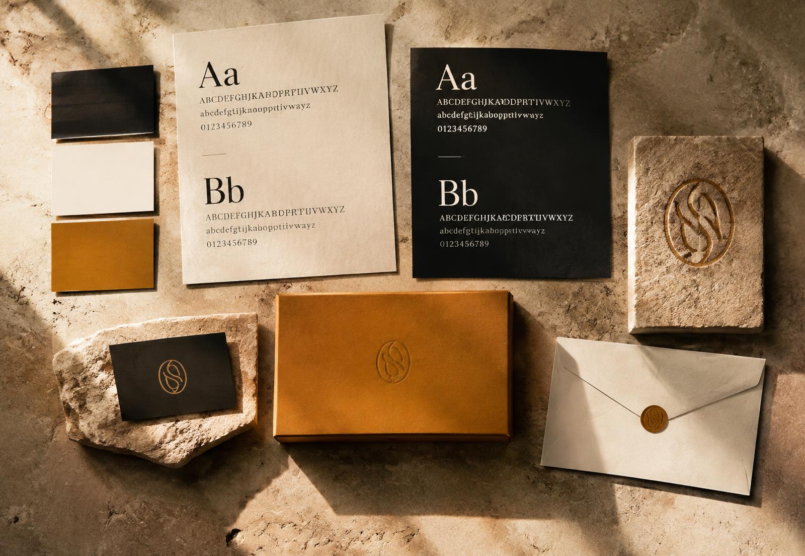 Planche d'identité visuelle : nuancier, typographies, monogramme et packaging