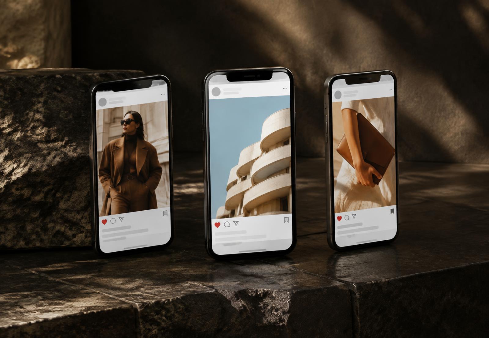 Trois smartphones affichant des publications de réseaux sociaux élégantes