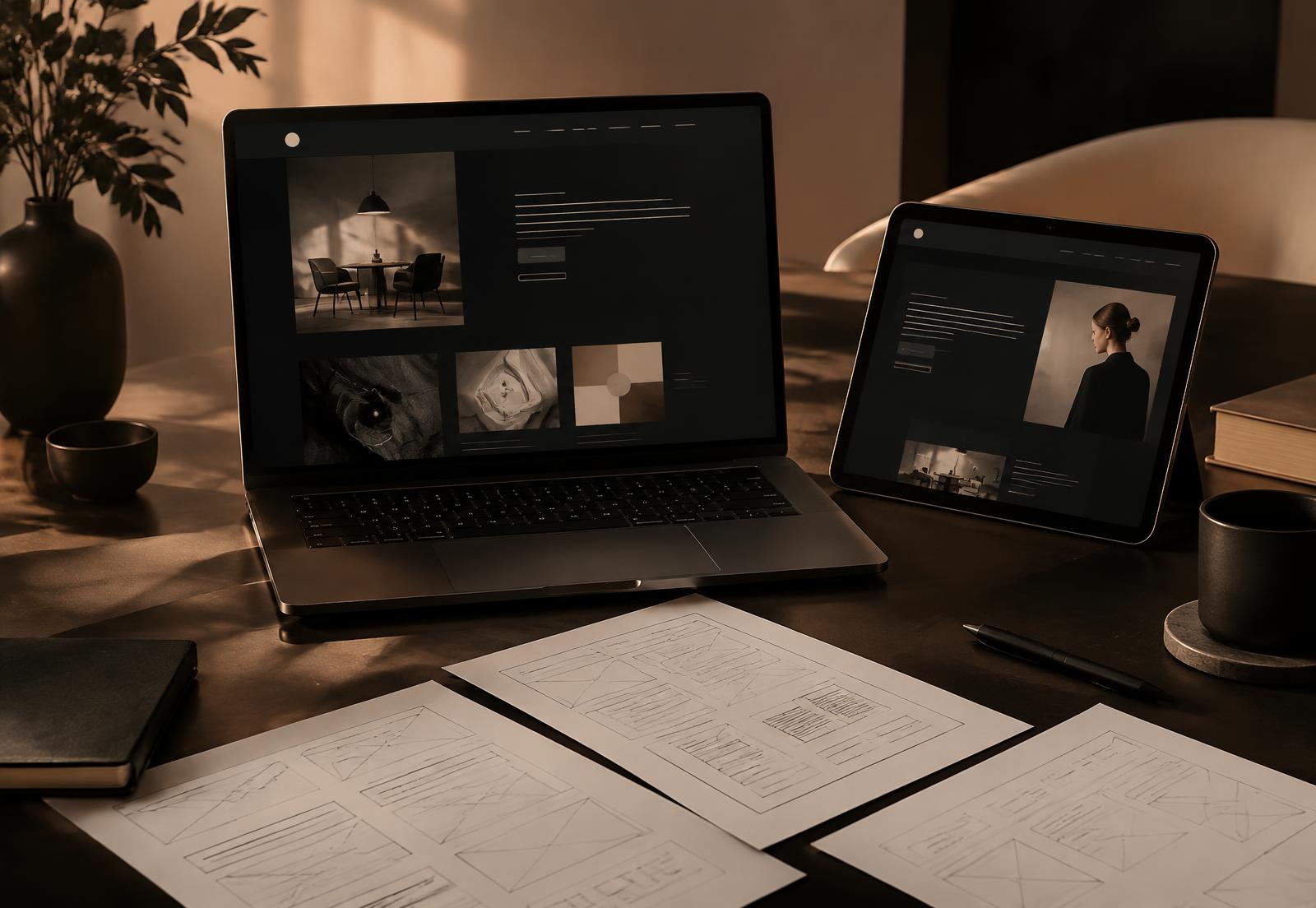 Maquettes de site internet sur ordinateur et tablette, croquis de wireframes